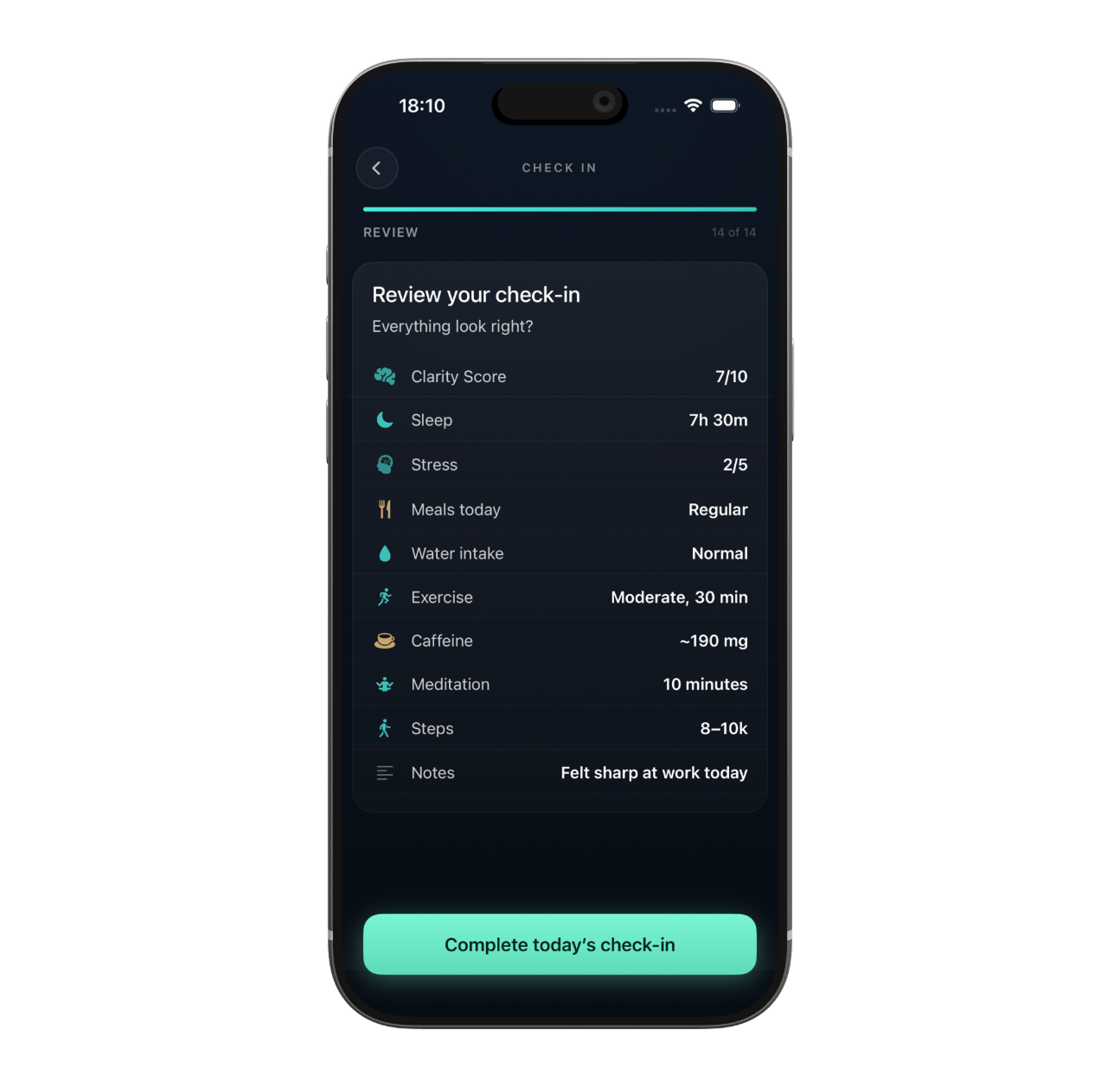 Check-in review screen showing daily clarity, sleep, stress, meals, and habits